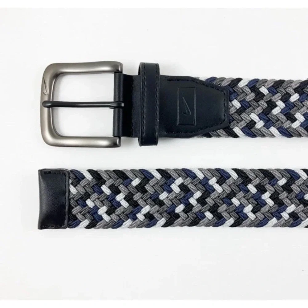 Nike Braided Stretch Belt Men XL 42-44 Grey Navy White‎ Woven Golf Performance